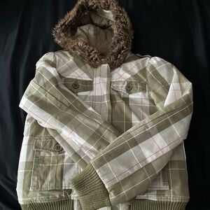 Roxy Checkered Jacket with Faux Fur Trim